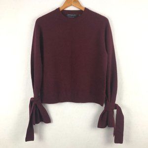 Brown Allan Women's Size Small Burgundy Merino Wool Yak Tie Sleeve Knit Sweater